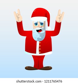 Santa Claus in his red clothes with white beard with hands in rocker pose. Vector cartoon character illustration.