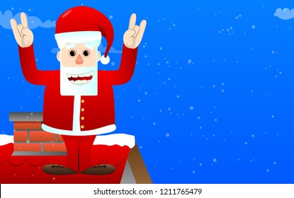 Santa Claus in his red clothes with white beard with hands in rocker pose. Vector cartoon character illustration.