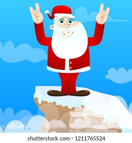 Santa Claus in his red clothes with white beard with hands in rocker pose. Vector cartoon character illustration.
