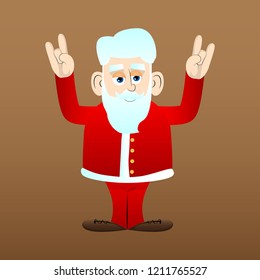 Santa Claus in his red clothes with white beard with hands in rocker pose. Vector cartoon character illustration.