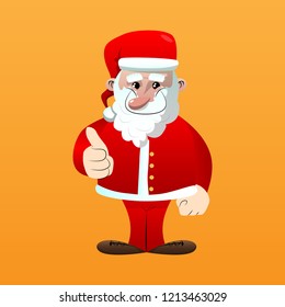 Santa Claus in his red clothes with white beard making thumbs up sign. Vector cartoon character illustration.