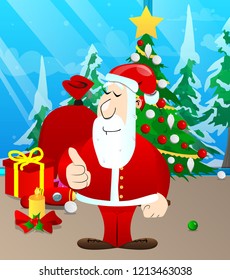 Santa Claus in his red clothes with white beard making thumbs up sign. Vector cartoon character illustration.