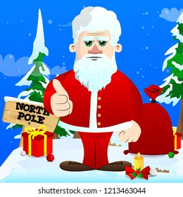 Santa Claus in his red clothes with white beard making thumbs up sign. Vector cartoon character illustration.