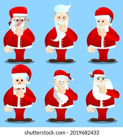 Santa Claus in his red clothes with white beard holding finger front of his mouth. Vector cartoon character illustration.