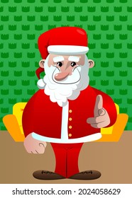 Santa Claus in his red clothes with white beard pointing at the viewer with his hand. Vector cartoon character illustration.
