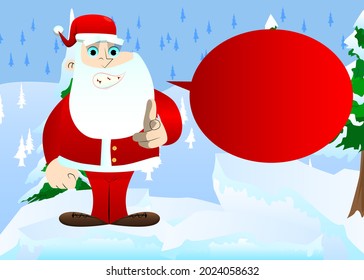 Santa Claus in his red clothes with white beard pointing at the viewer with his hand. Vector cartoon character illustration.