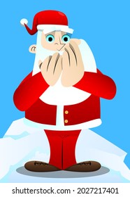 Santa Claus in his red clothes with white beard with hands over mouth. Vector cartoon character illustration.