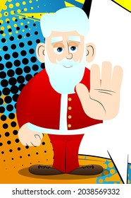 Santa Claus in his red clothes with white beard showing deny or refuse hand gesture. Vector cartoon character illustration.