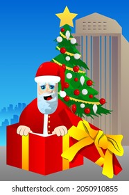 Santa Claus in his red clothes with white beard in a gift box. Vector cartoon character illustration. Celebrating holiday event with a cute surprise.