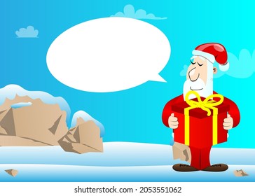 Santa Claus in his red clothes with white beard holding big gift box. Vector cartoon character illustration.