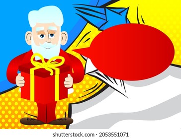 Santa Claus in his red clothes with white beard holding big gift box. Vector cartoon character illustration.