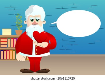 Santa Claus in his red clothes with white beard holding red heart in his hand. Vector cartoon character illustration.