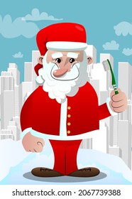 Santa Claus in his red clothes with white beard holding toothbrush. Vector cartoon character illustration.