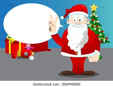 Santa Claus in his red clothes with white beard showing the V sign, peace hand gesture. Vector cartoon character illustration.