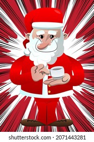 Santa Claus in his red clothes with white beard holding a cup of coffee. Vector cartoon character illustration.