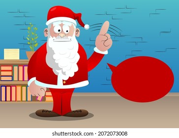 Santa Claus in his red clothes with white beard saying no with his finger. Vector cartoon character illustration.