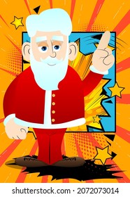 Santa Claus in his red clothes with white beard saying no with his finger. Vector cartoon character illustration.