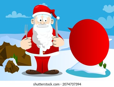 Santa Claus in his red clothes with white beard holding up a knife and fork. Vector cartoon character illustration.