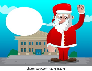 Santa Claus in his red clothes with white beard making power to the people fist gesture. Vector cartoon character illustration.