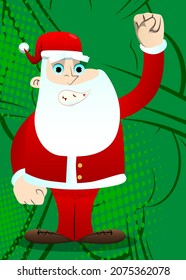 Santa Claus in his red clothes with white beard making power to the people fist gesture. Vector cartoon character illustration.