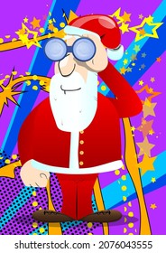 Santa Claus in his red clothes with white beard looking through binoculars. Vector cartoon character illustration.