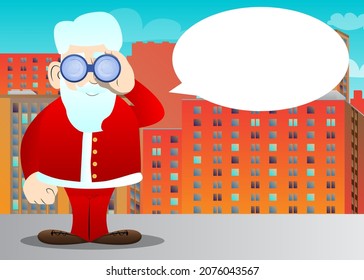 Santa Claus in his red clothes with white beard looking through binoculars. Vector cartoon character illustration.