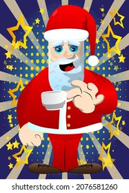 Santa Claus in his red clothes with white beard drinking coffee. Vector cartoon character illustration.