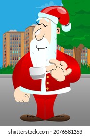 Santa Claus in his red clothes with white beard drinking coffee. Vector cartoon character illustration.