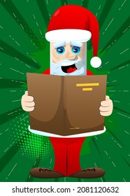 Santa Claus in his red clothes with white beard reading a book. Vector cartoon character illustration.