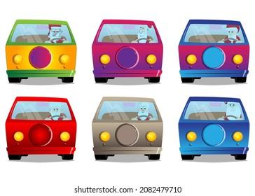 Santa Claus in his red clothes with white beard driving, holding a steering wheel. Vector cartoon character illustration.