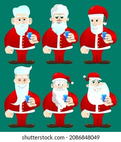 Santa Claus in his red clothes with white beard drinking brandy. Vector cartoon character illustration.