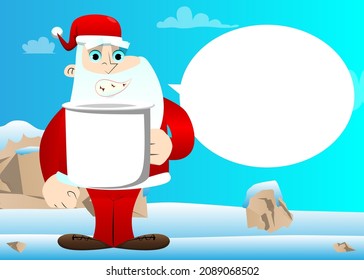 Santa Claus in his red clothes with white beard holding big mug. Vector cartoon character illustration.