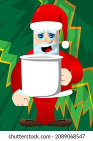 Santa Claus in his red clothes with white beard holding big mug. Vector cartoon character illustration.