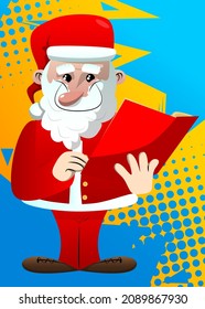 Santa Claus in his red clothes with white beard reading a red book. Vector cartoon character illustration.