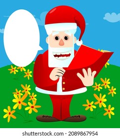 Santa Claus in his red clothes with white beard reading a red book. Vector cartoon character illustration.