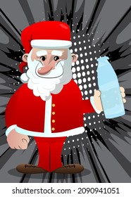 Santa Claus in his red clothes with white beard drinking water from a glass bottle. Vector cartoon character illustration.