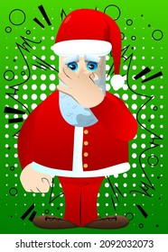 Santa Claus in his red clothes with white beard holding his nose because of a bad smell. Vector cartoon character illustration.