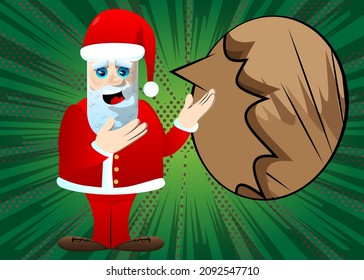Santa Claus in his red clothes with white beard showing something with both hands, powerful hand gesture. Vector cartoon character illustration.