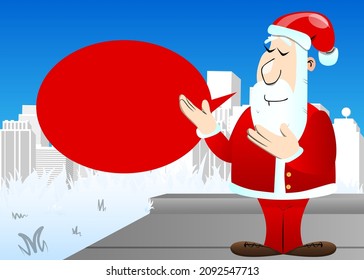 Santa Claus in his red clothes with white beard showing something with both hands, powerful hand gesture. Vector cartoon character illustration.
