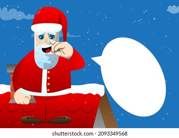 Santa Claus in his red clothes with white beard showing something with both hands, powerful hand gesture. Vector cartoon character illustration.