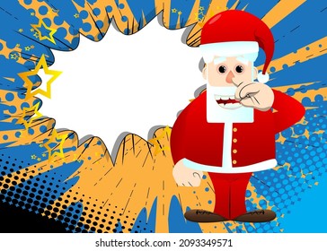 Santa Claus in his red clothes with white beard showing something with both hands, powerful hand gesture. Vector cartoon character illustration.