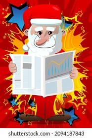 Santa Claus in his red clothes with white beard reading newspaper. Vector cartoon character illustration.