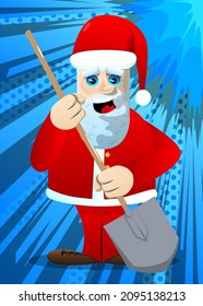 Santa Claus in his red clothes with white beard holding a shovel. Vector cartoon character illustration.
