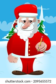 Santa Claus in his red clothes with white beard holding a pencil. Vector cartoon character illustration.