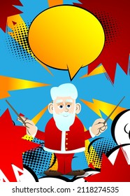 Santa Claus in his red clothes with white beard orchestra conductor. Vector cartoon character illustration.