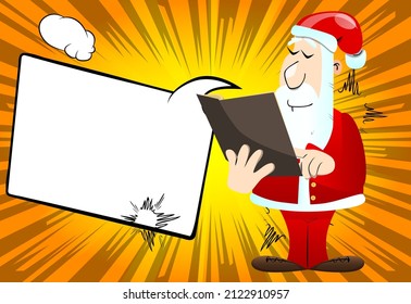Santa Claus in his red clothes with white beard reading and pointing at an opened book. Vector cartoon character illustration.