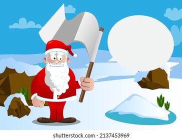 Santa Claus in his red clothes with white beard holds white flag of surrender. Vector cartoon character illustration.