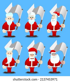 Santa Claus in his red clothes with white beard holds white flag of surrender. Vector cartoon character illustration.