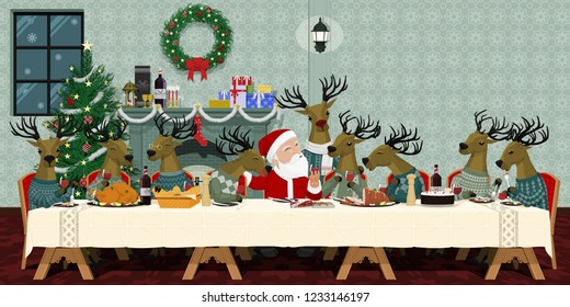Santa Claus and his Reindeer are celebrating Christmas in their house