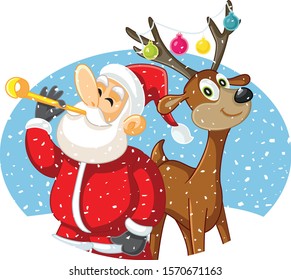 Santa Claus and His Reindeer Celebrating Christmas Vector Illustration. Funny Xmas characters having a party outdoors in the snow
